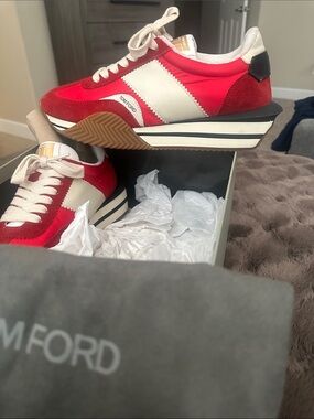 Tom Ford Red & White Platform Sneakers with Cream Laces